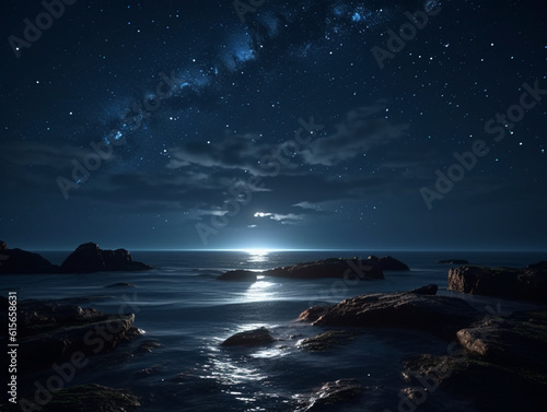 view to a starry sky at night, in the coastal part of a city, Generative AI © scrawled soul