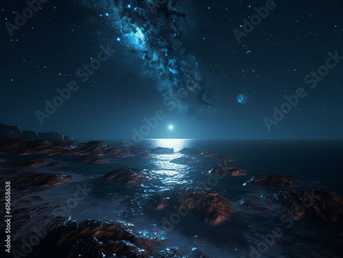 view to a starry sky at night, in the coastal part of a city, Generative AI