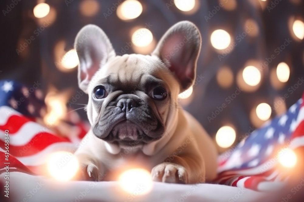 Cute french bulldog puppy with Christmas lights and American Flag on bokeh background. 4th of July Independence day 