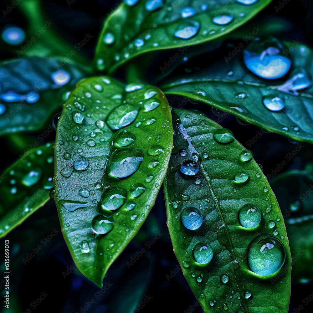 Green leaves with raindrops macro photo, created with Generative Al technology Green leaves with raindrops macro photo, created with Generative Al technology