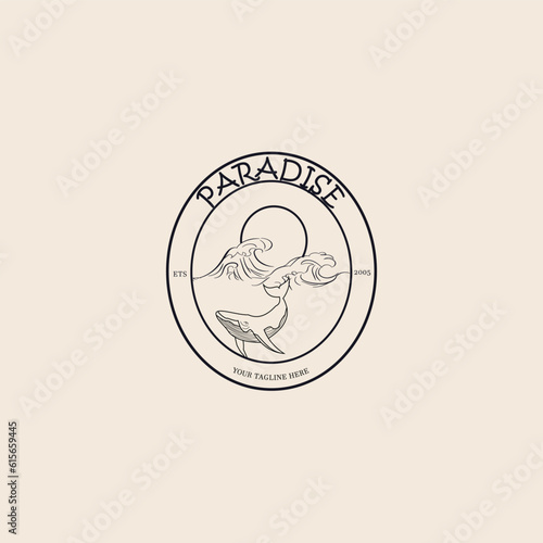logo paradise line art logo vector concept with emblem illustration template design. icon home design