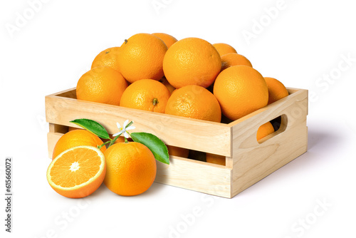 Orange fruit in box isolated on white