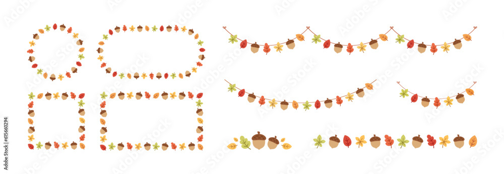 Autumn frames and borders, hanging garlands design, Fall and Thanksgiving botanical graphic elements vector illustration set