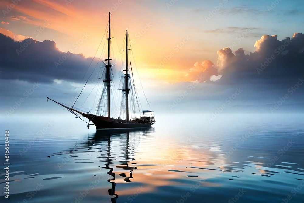 Sailing boat in the middle of the ocean at the time of the sunset