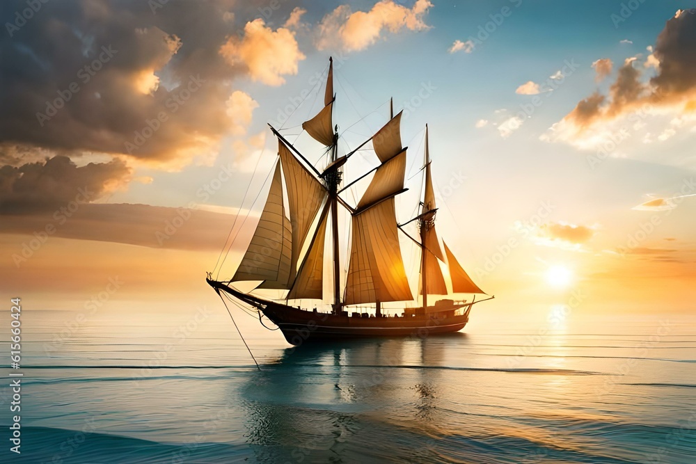 Sailing boat in the middle of the ocean at the time of the sunset