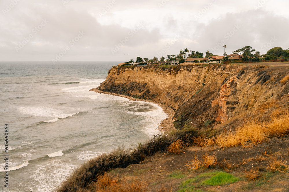 View of cliffs along the Pacific Ocean at Pelican Cove, in Ranchos Palos Verdes, California.