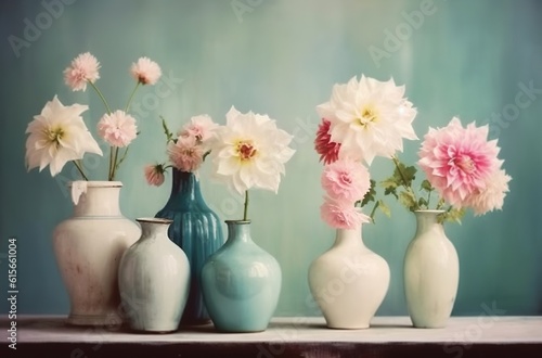 Vases of Flowers Sitting on a Table. Created with Generative AI technology © mafizul_islam