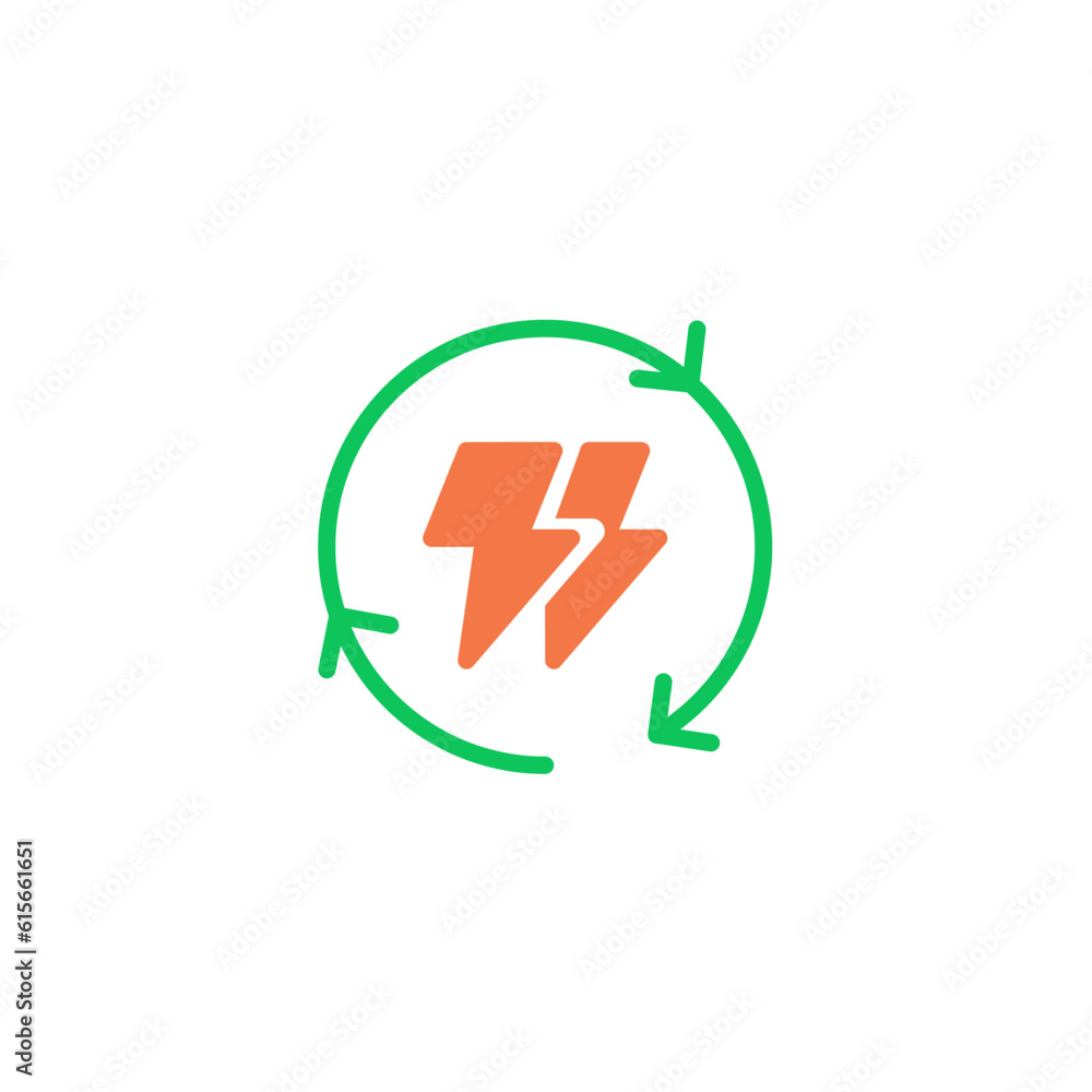 Cycle three arrow with thunder electric. Vector line icon black and white with green eco energy theme Cycle three arrow with thunder electric. Vector line icon black and white with green eco energy theme