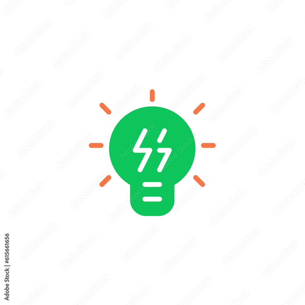 Lamp with thunder electric. Vector line icon black and white with green eco energy theme