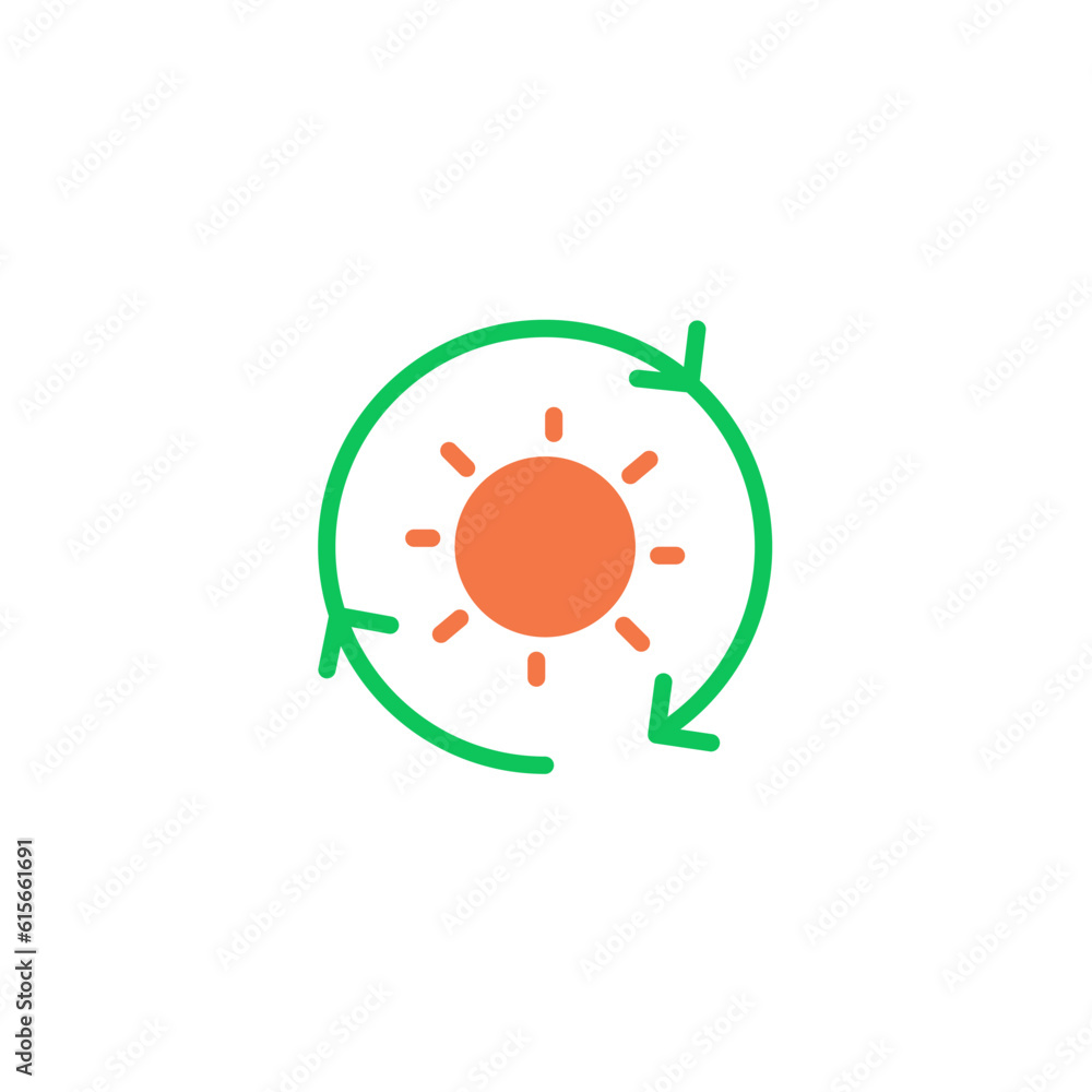 Cycle three arrow with sun. Vector line icon black and white with green eco energy theme Cycle three arrow with sun. Vector line icon black and white with green eco energy theme