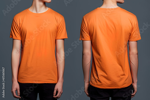 Photo realistic male orange t-shirts with copy space, front, and back view