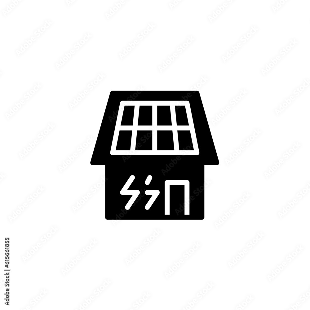 Home with solar panel and thunder energy. Vector line icon black and white with green eco energy theme Home with solar panel and thunder energy. Vector line icon black and white with green eco energy theme