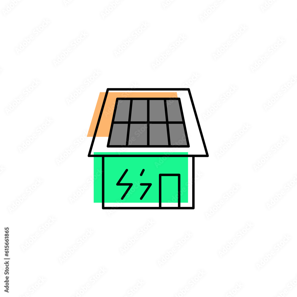 Home with solar panel and thunder energy. Vector line icon black and white with green eco energy theme