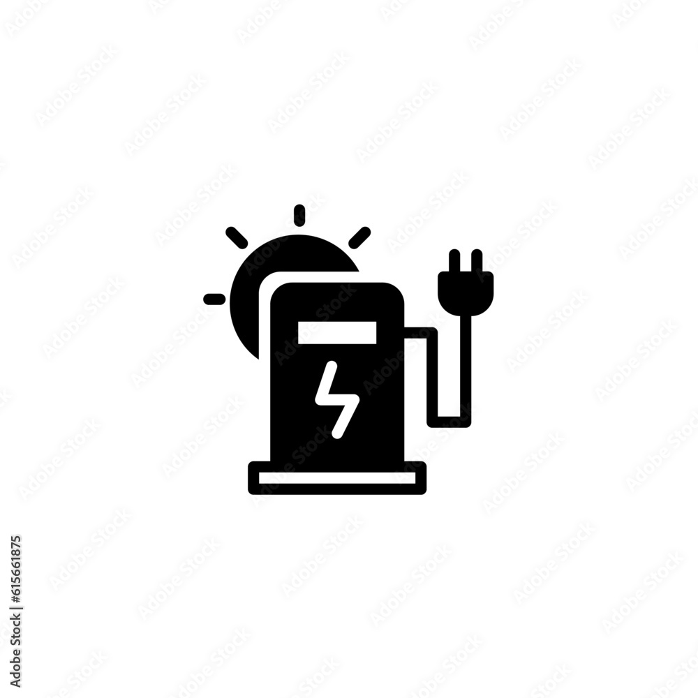 Electric station with thunder and sun. Vector line icon black and white with green eco energy theme Electric station with thunder and sun. Vector line icon black and white with green eco energy theme