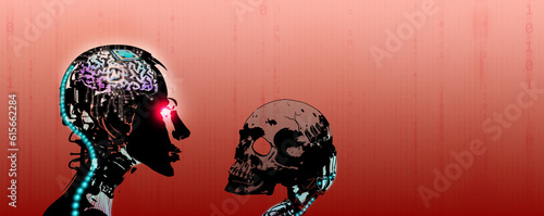 AI is a threat to humans. Artificial Intelligence, godlike, can potentially destroy the human race and extinction risk. Red-eye robots' hand holding a dead skull on red binary code background photo