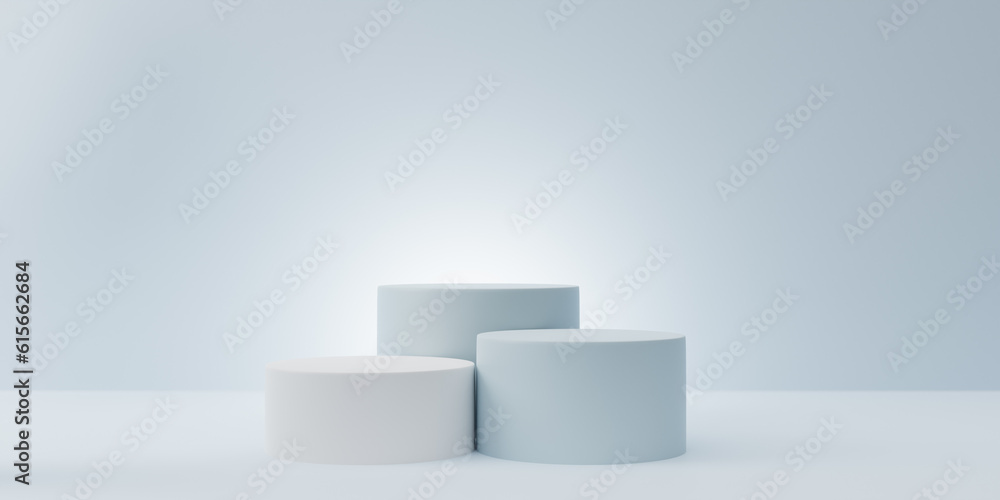 Empty light blue clean room with set of three steps 3D cylinder podium pedestal or product display stand. 3d rendering Empty light blue clean room with set of three steps 3D cylinder podium pedestal or product display stand. 3d rendering