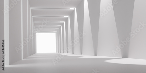 Fototapeta Naklejka Na Ścianę i Meble -  Empty Long Light Corridor. Modern white background. Futuristic Sci-Fi square Tunnel. 3D Rendering