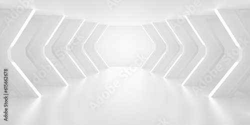 Empty Long Light Corridor. Modern white background. Futuristic Sci-Fi 5 square Tunnel. 3D Rendering