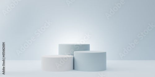 Empty light blue clean room with set of three steps 3D cylinder podium pedestal or product display stand. 3d rendering