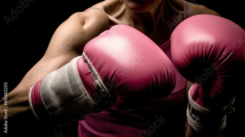 A woman in pink boxing gloves punching and fighting breast cancer. © Anderson Piza