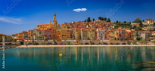 Fotografija View of the colorful old town facades above the Mediterranean Sea in Menton on t