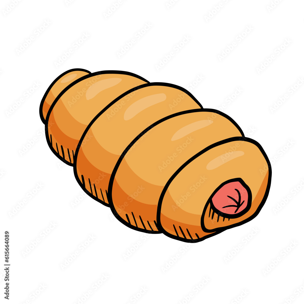 Hand drawn sausage in dough isolated on white background. Food illustration isolated on white. Hand drawn sausage in dough isolated on white background. Food illustration isolated on white.
