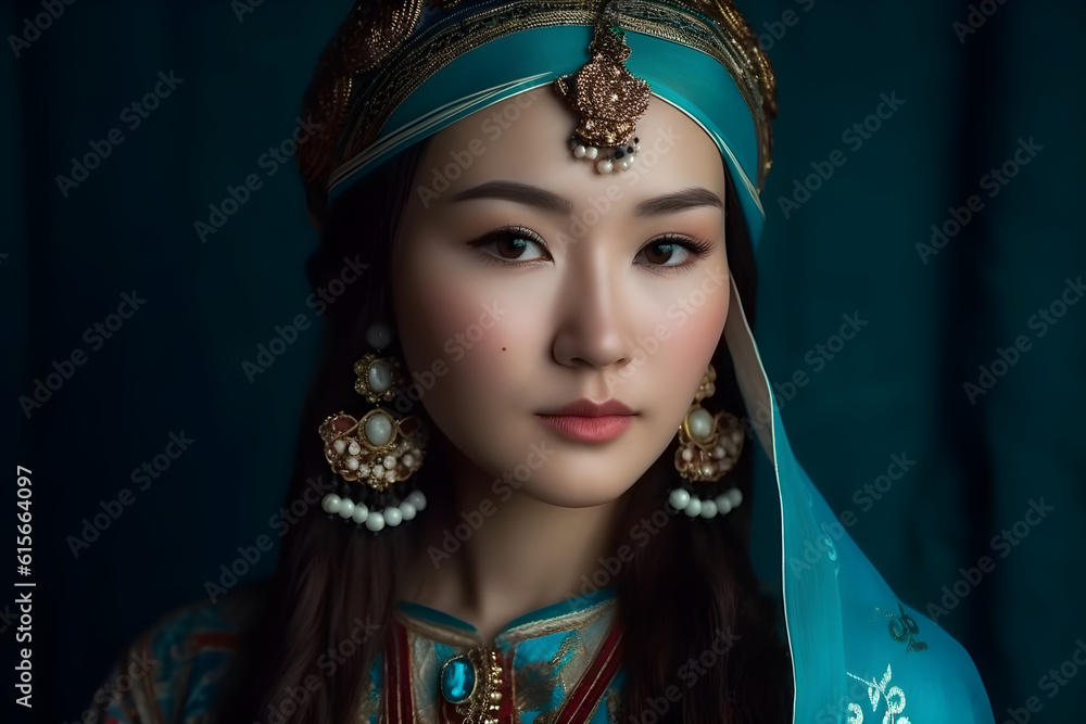 Generative ai portrait of beautiful asian kazakh mongolian chinese woman in national costume Generative ai portrait of beautiful asian kazakh mongolian chinese woman in national costume