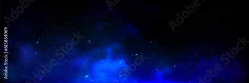 Blue fire overlay with spark ember flame and smoke realistic background. Flying light ice energy particle. Neon burnt steam texture. 3d twinkle shine of cold powder in air panoramic vector witchcraft