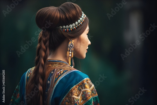 Generative ai portrait of beautiful asian kazakh mongolian chinese woman in national costume