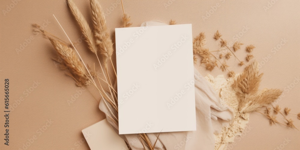 Blank greeting card, mockup paper. Boho Minimal Style. Wedding invitation, Brithday stationery. Flat lay Top view Copyspace, Generative AI. Blank greeting card, mockup paper. Boho Minimal Style. Wedding invitation, Brithday stationery. Flat lay Top view Copyspace, Generative AI.