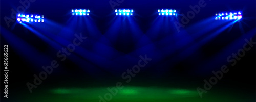 Soccer stadium field with light vector sport arena night background. Spotlight on football green grass empty illustration template. 3d realistic competition or championship playground backdrop
