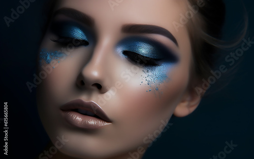 Portrait of a woman with blue eye makeup. Generative AI technology.