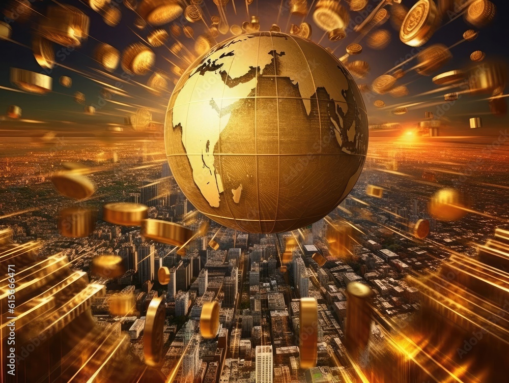 Obraz premium A gold globe, earth finance concept economy global business, skyscrapers in the background. Generative AI