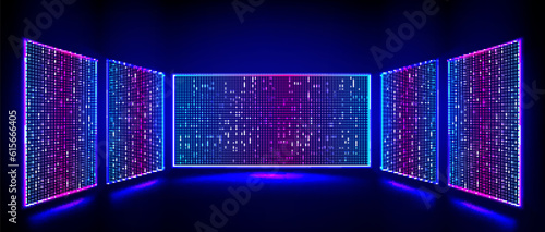 Led video walls, tv screens with light effect on stage. LCD video panels, displays with blue and pink color dots. Show studio or stadium scene with led monitors, vector realistic illustration