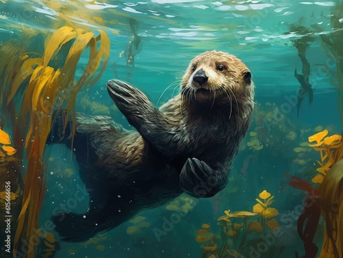 Sea Otter in Kelp - AI Generated