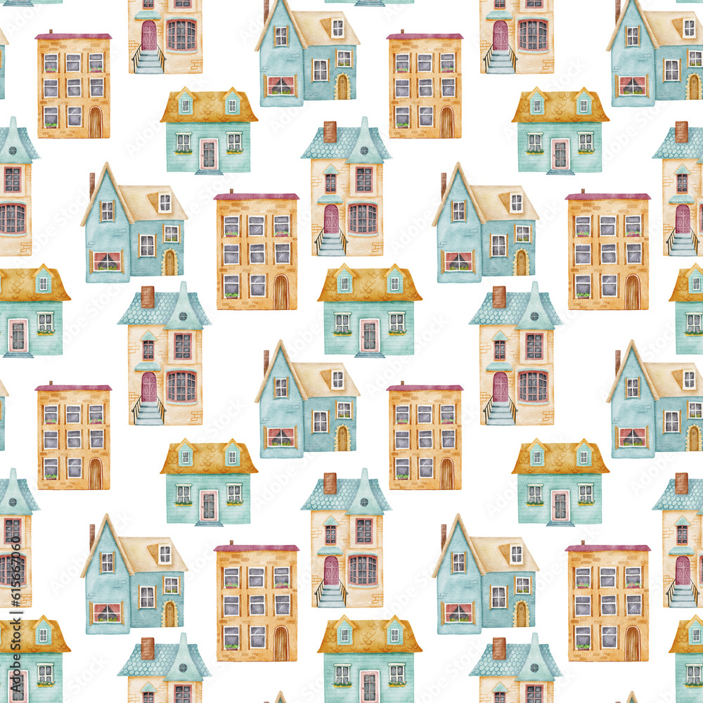 Seamless watercolor pattern with cute houses. Hand drawn blue old and cozy small buildings on white background.