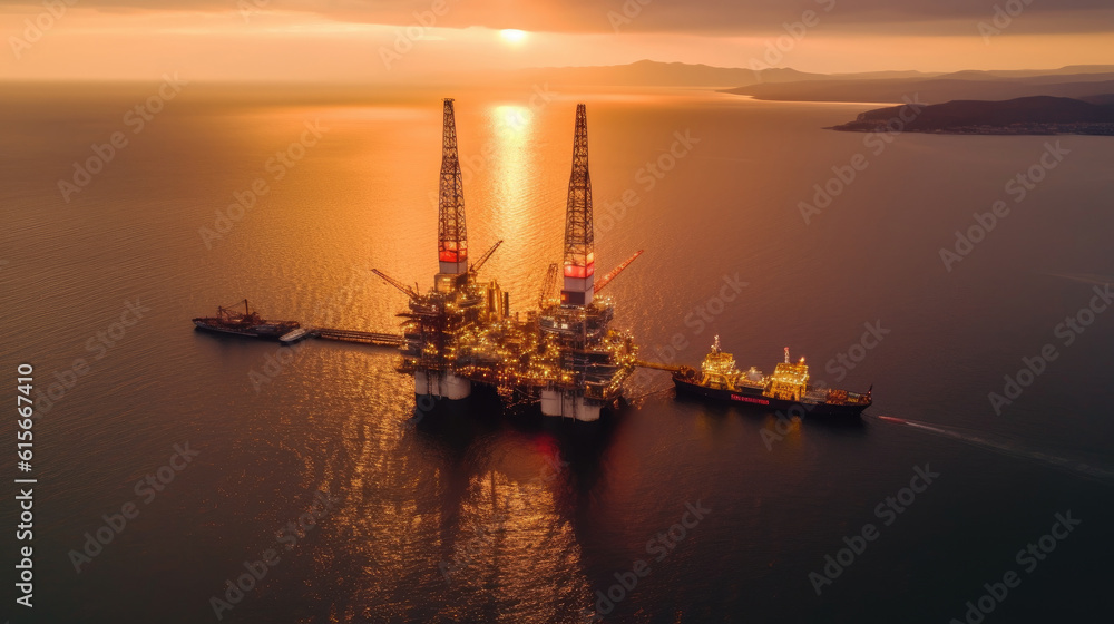 Aerial view offshore drilling rig at the offshore location during sunset. Generative Ai
