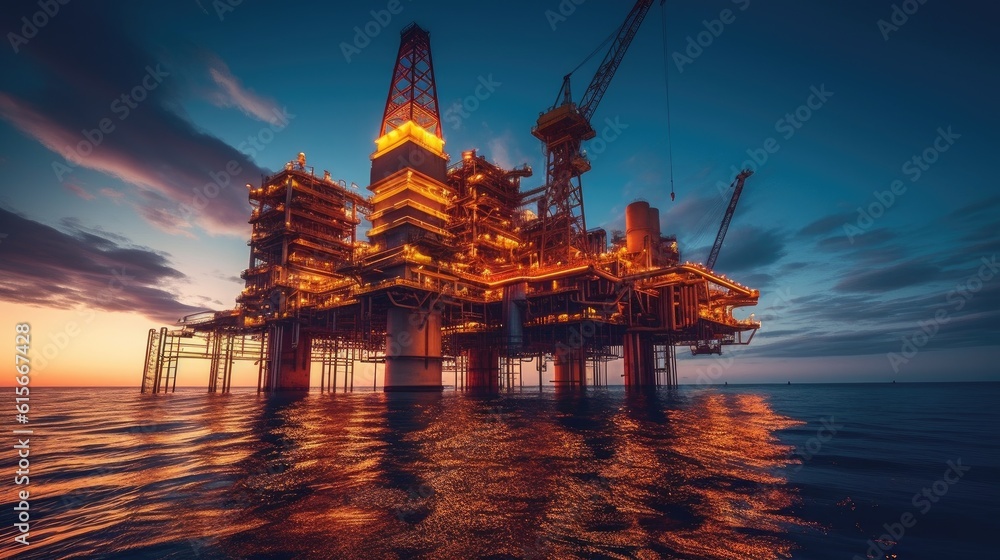 Large Offshore oil rig drilling platform at sunset and beautiful sky. Generative Ai - obrazy, fototapety, plakaty 
