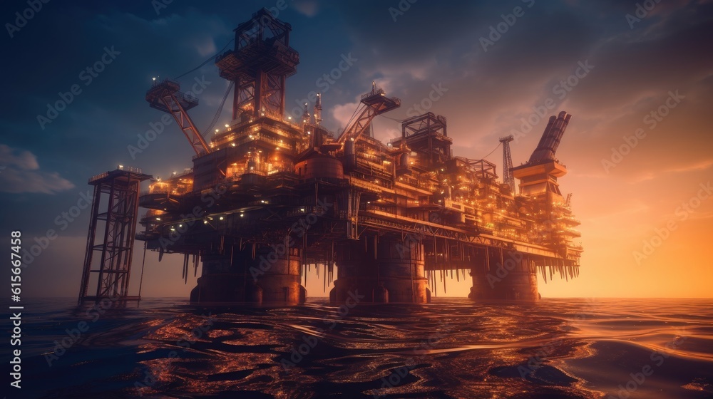 Large Offshore oil rig drilling platform at sunset and beautiful sky. Generative Ai