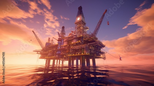 Large Offshore oil rig drilling platform at sunset and beautiful sky. Generative Ai © tong2530