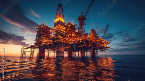 Large Offshore oil rig drilling platform at sunset and beautiful sky. Generative Ai