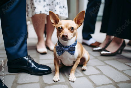 Small dog with bow tie between guests at wedding. Generative AI illustration