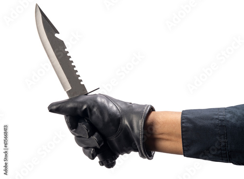 Фотография Close up Murderer or Criminal Hand holding a knife isolated on white background, Hand Holding knife on White Background With clipping path