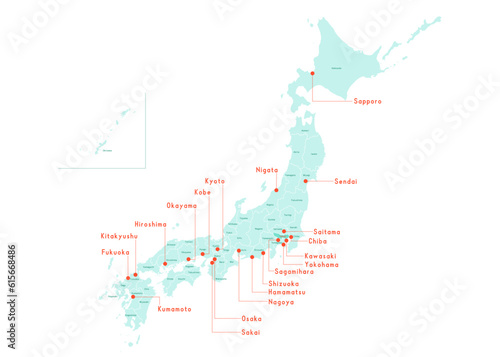 Obraz na płótnie 日本地図と都市名一覧付きシンプルベクターイラスト(エメラルドグリーン) w salonie