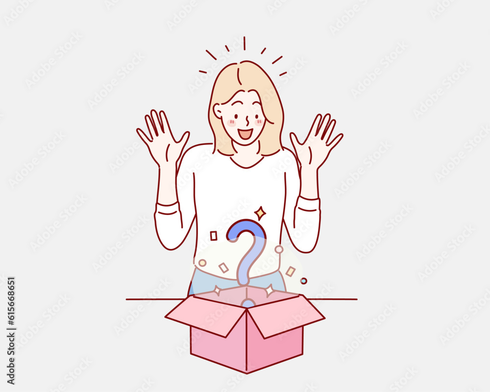 happy smiling girl opening a gift box. Mystery box icon question mark inside gift box. Hand drawn style vector design illustrations. happy smiling girl opening a gift box. Mystery box icon question mark inside gift box. Hand drawn style vector design illustrations.