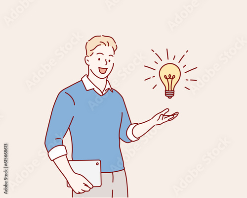 Hand holds a light bulb. Idea creative inspiration concept. Hand drawn style vector design illustrations.