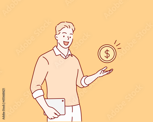 Young man holding a gold coin. Earning money, increasing capital, the pursuit of money, capital gains, cash gains concept. Hand drawn style vector design illustrations.