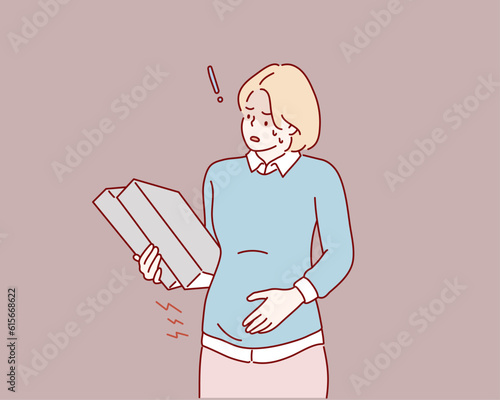 Pregnant Women in Business. Worried Pregnant woman suffering stomach ache, pressing hands on belly. Hand drawn style vector design illustrations.