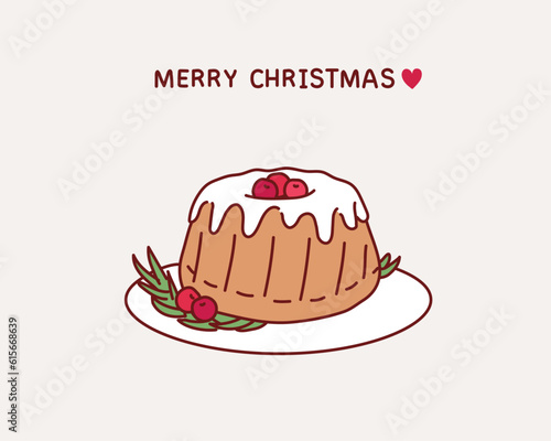 Christmas chocolate bundt cake with glaze decorated with fresh berries and rosemary. Winter baking at Xmas or New Year with decorations. Hand drawn style vector design illustrations.