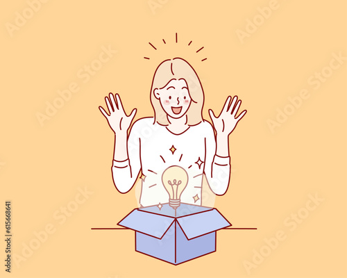 happy smiling girl opening a gift box. Mystery box icon Light bulb  mark inside gift box. Hand drawn style vector design illustrations.